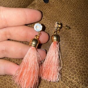 Others Follow Peach Tassel Drop Earrings with Gold Caps and Crystal Studs